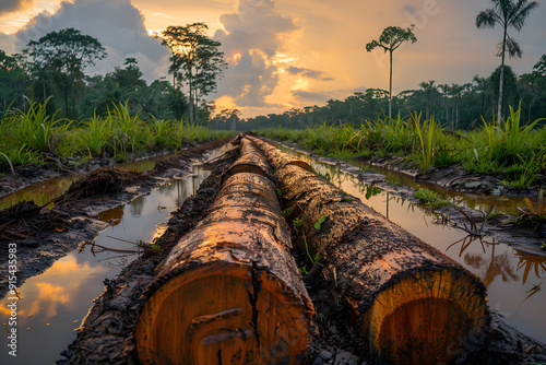 Freshly cut tree trunks in a cleared area of ​​green tropical forest, human impact on the environment. Wood texture, close up. Deforestation and destruction of nature by man, with copy space