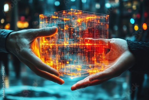 Digital Synergy: Two hands cradle a luminous cube, its intricate network of data streams symbolizing the transformative power of technology and collaboration.