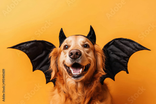 Golden retriever dog wearing devil costume with bat wings looking happy on orange background