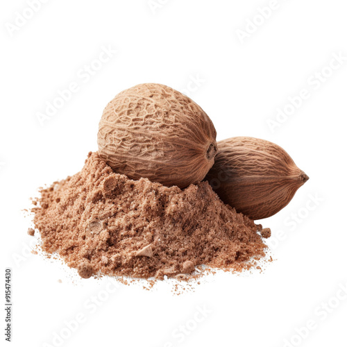 Two whole nutmeg seeds on a pile of ground nutmeg.