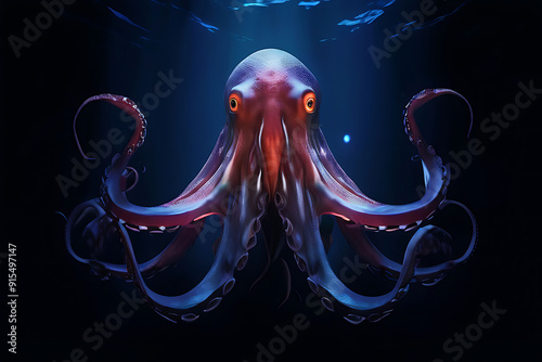 giant squid emerging from the darkness of the deep sea