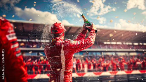 F1 winner in red uniform celebrating the victory on the podium, holding champagne bottle and spraying the crowd with champagne. racing pilot celebrating with champagne spray gran prix vin