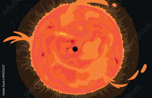 Magnetic storm on the surface of the sun with plasma and prominences. Bright Sun against dark starry sky in Solar System.