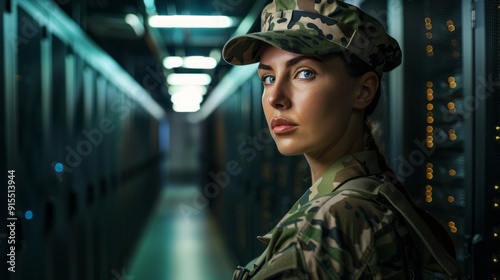 A woman in a military uniform stands in a dark room