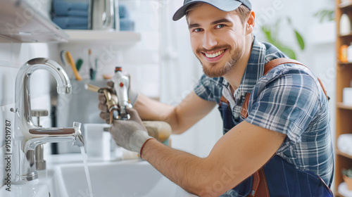 Plumber repairing a bathroom sink, professional service concept. Cheerful repairman. plumber at work in a bathroom, plumbing repair service, assemble and install