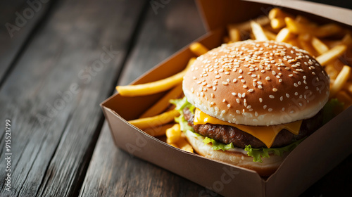 Entrega em domicílio de um combo de hambúrguer e batata frita em embalagem personalizada, pronto para ser saboreado