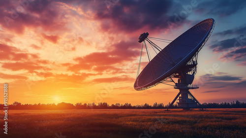 Um campo com uma grande antena parabólica ao pôr do sol conceito de comunicação com o espaço Grande torre de conexão de satélite de radiotelescópio observatório de astronomia eletrônica antena 