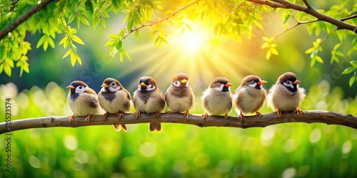 Funny little birds perched on a branch in a sunny spring park chirping away, birds, branch, spring, park, chirping, nature