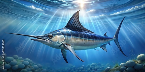 Realistic render of a majestic marlin fish swimming in the ocean, marlin, fish, underwater, marine life, ocean, wildlife