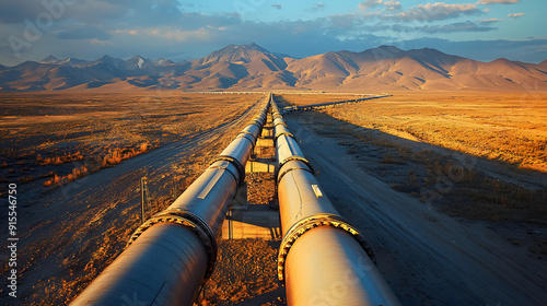 Aerial view of a vast network of oil pipelines stretching across a barren landscape closeup image.