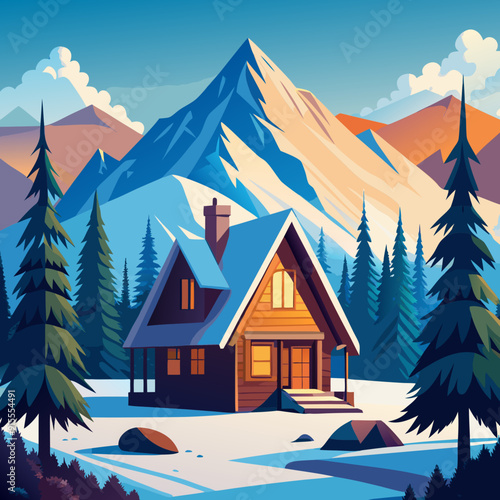 A cozy cabin in the snowy mountains