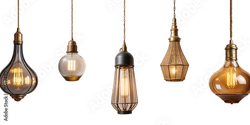 Set of different styles hanging lamps on transparent background.