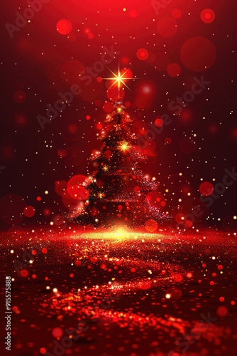 Christmas Tree With Star on Top and Red Glitter Background