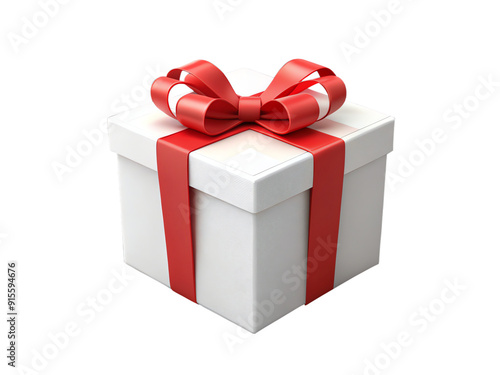 white gift box with red ribbon and bow on transparent background, png photo