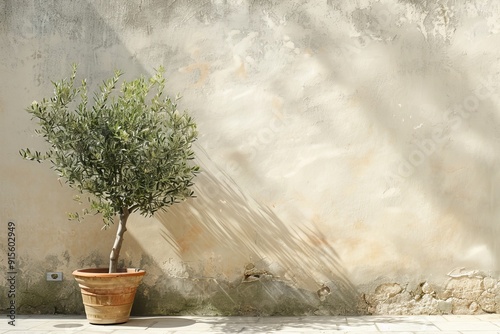 Potted olive tree casting shadows on beige weathered wall