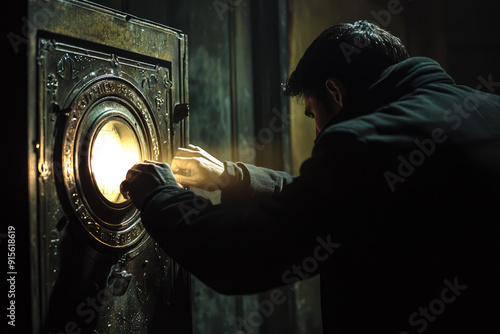 A determined thief in a dark museum, bathed in a beam of light, meticulously cracking an ornate safe to reveal its concealed treasures.