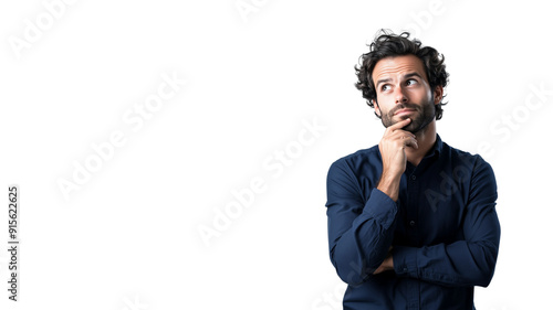 Man thinking while looking up,doubtful and hesitant,isolated on white background,web banner.