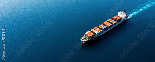 Large container ship navigating calm blue ocean, maritime transport, global shipping