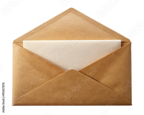 Open brown envelope with an inserted letter visible, highlighting its use for correspondence, mailing, or document organization. Isolated on transparent background, png.