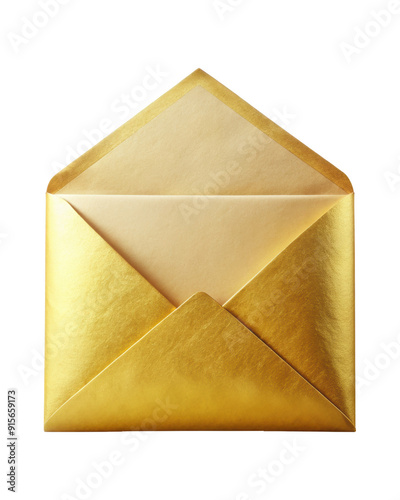 Open gold envelope with a glossy finish and triangular flap, perfect for delivering important or celebratory messages. Isolated on transparent background, png.