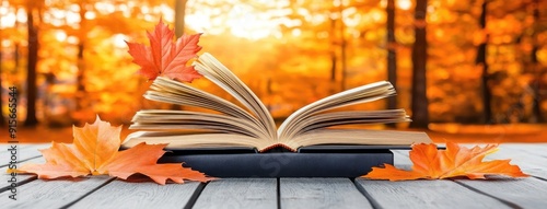 A vintage book with yellowed pages and autumn leaves at sunset in a park