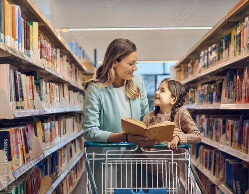 Mama i córka kupują podręczniki w księgarni