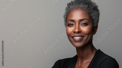 A mid-aged woman smiles warmly with a confident pose and beautiful gray hair