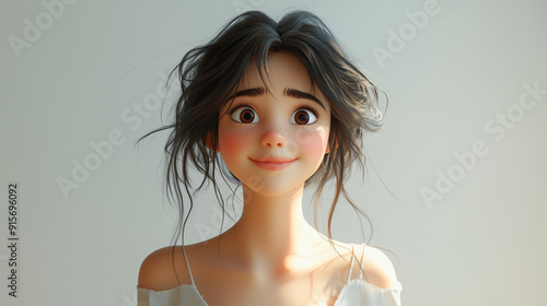 A 3D cartoon-style young woman with a blushing face and shy smile shows embarrassment and affection on a white background.