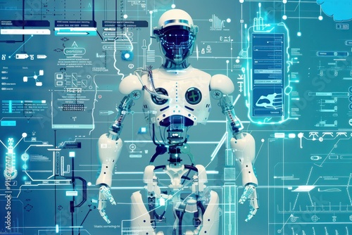 Humanoid robot amid blue digital schematic background.