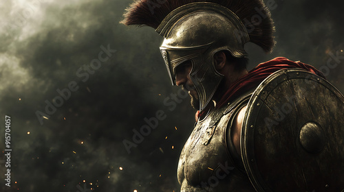 Illustration of spartan warrior in armor, Roman Greek military, muscular ancient soldier, battle, war