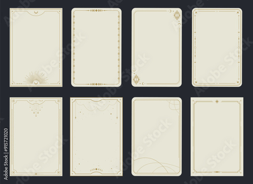 Esoteric magical Tarot cards templates. Golden frame border with celestial elements, crescents, stars. Mystery, astrology, alchemy. Vector illustration