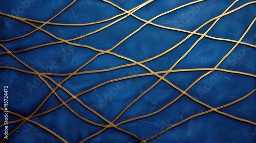 Bold gold lines crisscrossing on a deep blue canvas