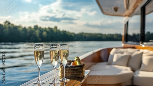 A cabin cruiser with champagne flutes on the deck, floating on a serene, exclusive lake