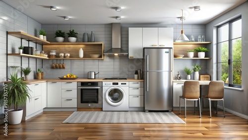 Modern kitchen featured with sleek refrigerator, stove, and dishwasher, alongside a washer and dryer, and various cleaning tools, showcasing a fully equipped home.