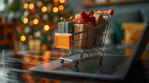 A miniature shopping cart with gift boxes placed on a laptop keyboard, symbolizing online holiday shopping and the convenience of e-commerce for festive purchases of presents at Christmas time