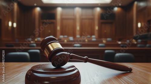 The gavel in front of an empty courtroom