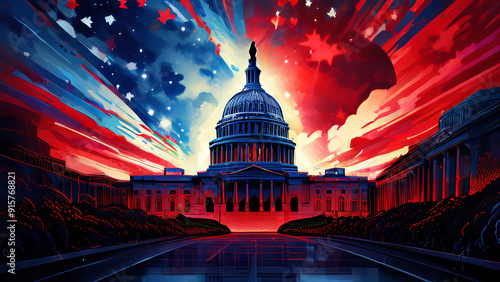 Dramatic Abstract Oil Painting Depicting US Elections US Capitol Building in Red and Blue with Bright Red and Blue Cloud Covering