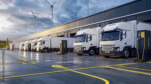 A fleet of company electric truck charging at fast charger station, cargo transport and delivery