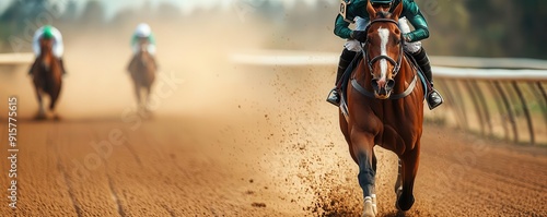 A victorious horse and rider crossing the finish line in a horse race, with a dust cloud and competitors trailing, representing sportsmanship and domination