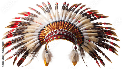 Colorful native american headdress with feathers, png transparent background