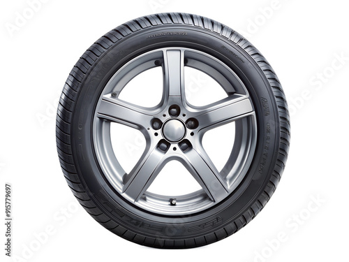 Side view of car tire with metallic rim, transparent background