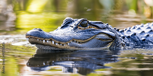 American alligator resting with snout above water in florida everglades