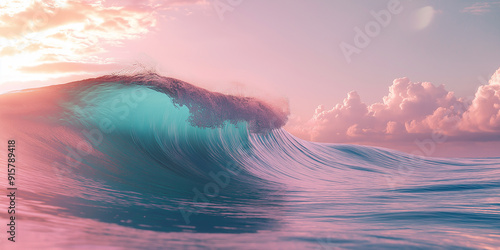 Big ocean wave breaking at sunset with pink and turquoise colors