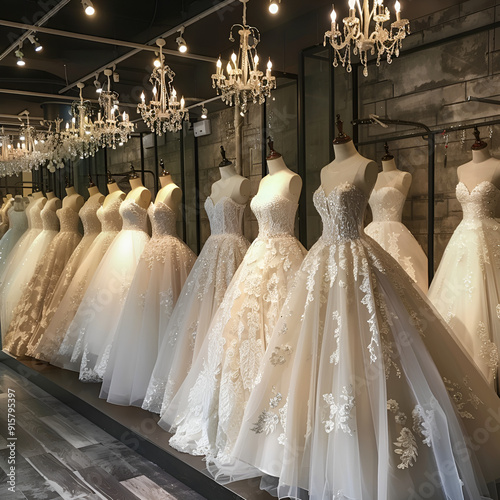 Beautiful White Wedding Dresses Illuminated in Fashion Store. 