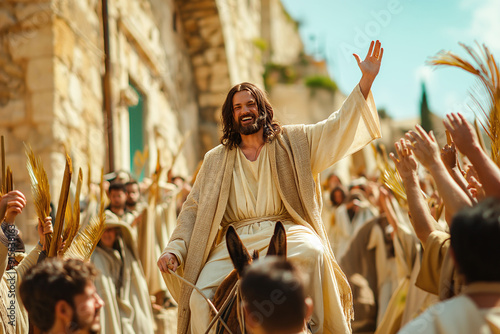 Jesus riding a donkey during his triumphal entry into Jerusalem, greeted by crowds with palm branches