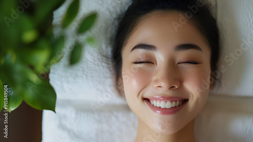 Cheerful Asian Woman Enjoying Body Therapy