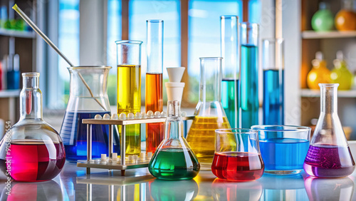 Assorted glass containers filled with various colorful liquids and chemicals, including acetone, isopropyl, and methanol, on a laboratory countertop with pipettes and beakers nearby.