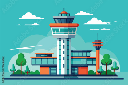 A colorful airport control tower with surrounding trees and clouds, designed in a flat illustration style, showcasing a modern aviation facility