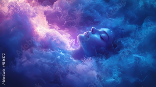 Tranquil Dreamscape - Surreal Abstract of Deep Sleep on a Cloud with Calming Blue and Purple Hues and Soft Light