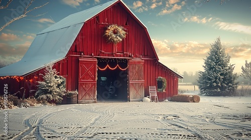 A Christmas barn portrait background. Generative AI.